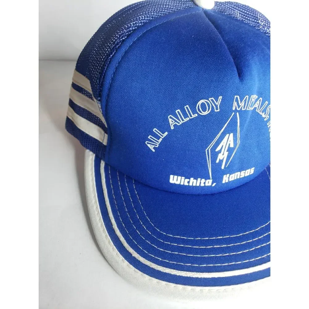 Vintage Three Stripe Trucker Hat USA Mesh 70s 80s Blue Metal SnapBack
